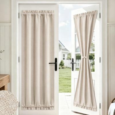 Linen French Door Curtain (Full Blackout, Tie-Back Design, Privacy & Thermal)