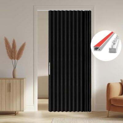 100% Blackout Accordion Door Front Door Curtain Invisible Folding Doors Interior for Bedroom Living Room Doorway Curtain Sets Included Tracks (1Panel, 53W x 79 L, Black)