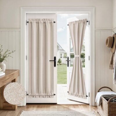 100% Blackout Linen French Door Curtain, Modern Farmhouse Door Window Curtains Decor, Privacy Insulated Blinds with Tie Up for Front, Glass Window, Natural Beige, 26W X 72L Inch，1 Panel