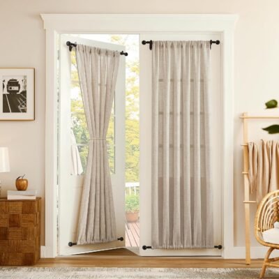 Linen Door Curtains Doorway Semi Sheer Curtains Room Divider Light Filtering Drape Dual Rod Pocket Boho Window Curtain for Closet, 54 x 72 inches Long, Natural, 1 Panel