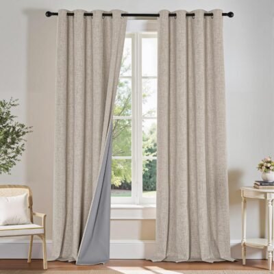 Linen Blackout Curtains for Bedroom 84 Inches Long, Thermal Insulated Grommet 100% Black Out Window Drapes for Living Room, Sliding Door Curtains 2 Panels Set, 52" W x 84" L, Natural Linen