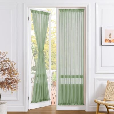 Sheer Door Curtain Closet Linen Textured Curtains Sheer Doorway Light Filtering Voile Patio Glass Doors Rod Pocket Curtain French Door, 54 x 72 inches Long, Sage Green, 1 Panel