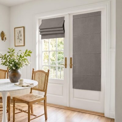 100% Blackout Roman Shade for Doors, No Drill Cordless Thermal French Door Curtain Linen Textured, Adhesive Top & Magnetic Lift Privacy Door Window Curtain, 24" W x 64" L, 1 Panel, Dove Grey