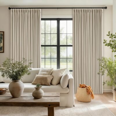 Pinch Pleated Blackout 90 Inch Curtains 70 Inch Wide Linen Dual Layer Soundproof Farmhouse Bedroom Window Curtains for Living Room Sliding Door with Hooks Rings Back Tab 100% Black Out Drapes 1 Panel